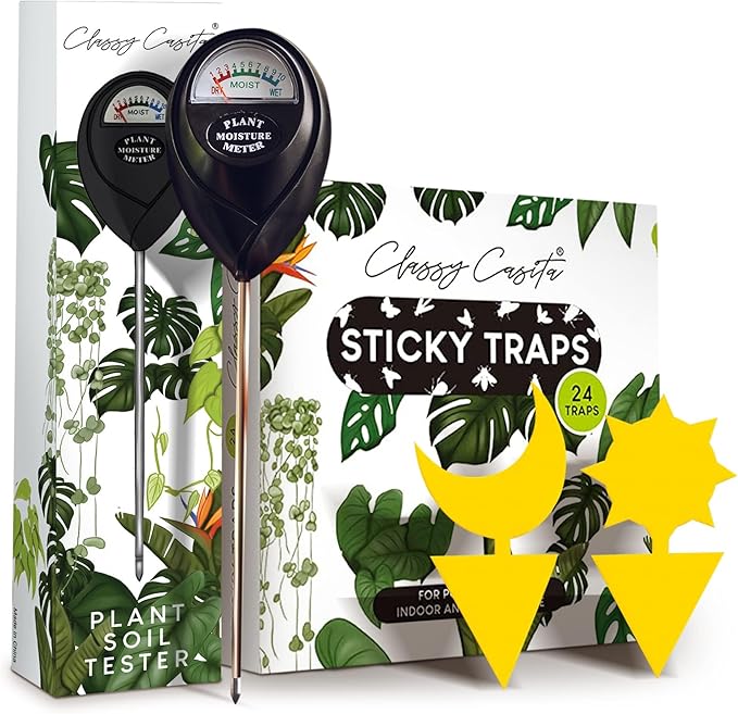 Classy Casita Plant Care Bundle: Sticky Traps, 24-Pack Plant Sticky Traps & Soil Moisture Meter for Indoor & Outdoor Plants w/Plant Watering & Care eBook, Black