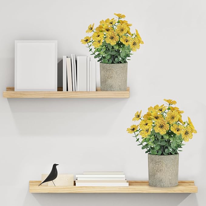 2 Pack Small Fake Plants Potted Artificial Plants Artificial Flowers Potted Faux Flower Daisy with Eucalyptus Leaves for Home Decor Office Room Farmhouse Indoor Table Bathroom Decor（Yellow）