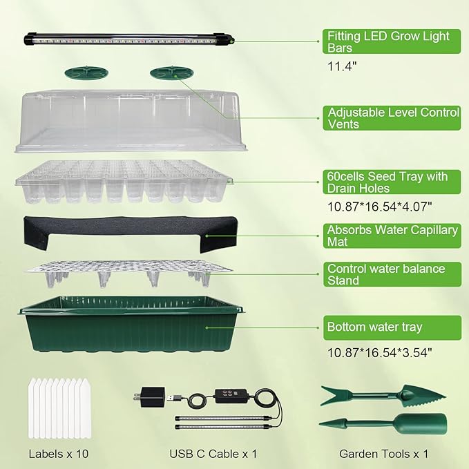 TONYFUL Seed Starter Tray with Grow Light, 60-Cell Seed Starter Kit with 4.07” Humidity Dome, Indoor Seedling Starter Tray, Seed Starting Tray for Plant Germination, Seeds Growing