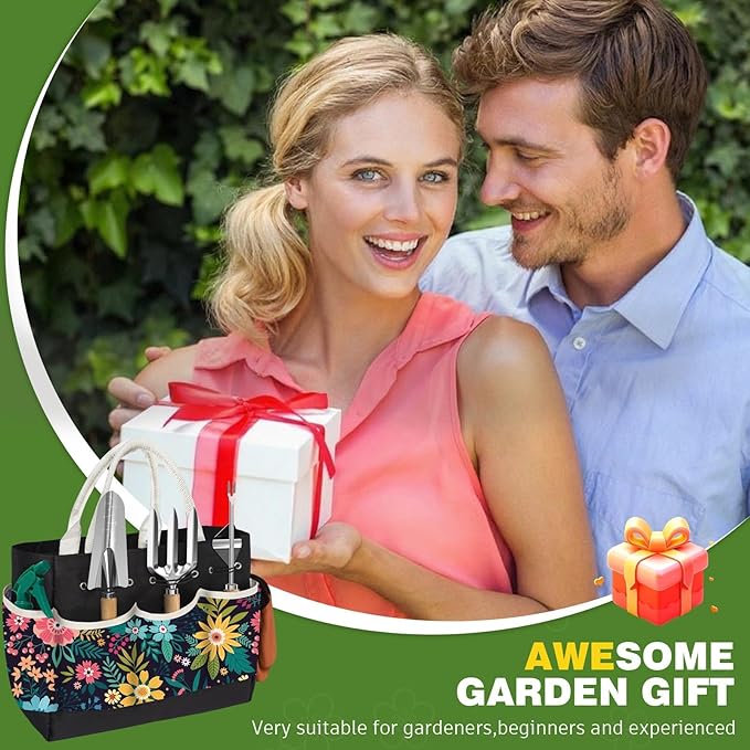22Pcs Gardening Tools Set for Women Heavy Duty Garden Hand Tool Kit Garden Gifts for Mom Beginner Gardening Accessories with Tote Bag/Shovel/Repotting Mat/Plant Labels/Gloves-Black
