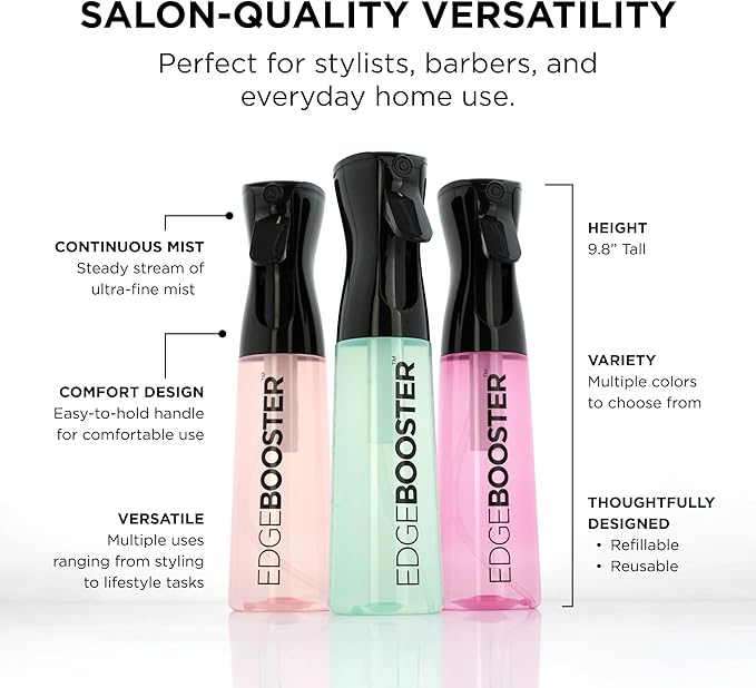 Style Factor Edge Booster Mist Spray Bottle for Hair (10.1oz/300ml) - Continuous Ultra Fine Mist Sprayer – For Hairstyling, Salons, Cleaning, Plants, Essential Oil & More - Light Blue
