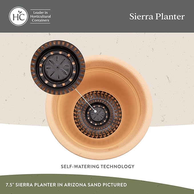 The HC Companies Sierra Round Self-Watering Pot - Lightweight Plastic Planter for Herbs & More - Durable Plant Pots for Indoor Plants & Outdoor Plants (7.5” Arizona Sand, Pack of 1)
