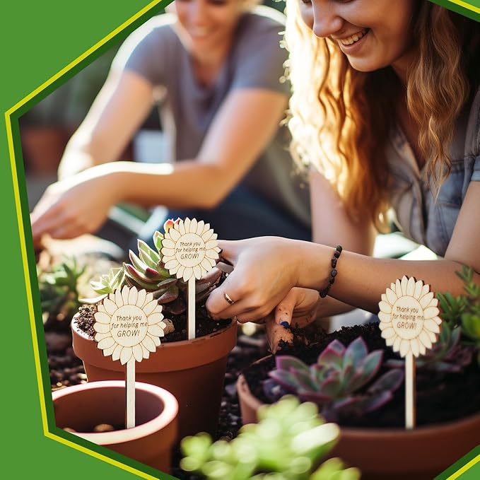 Sieral 50 Pcs Wooden Teacher Appreciation Plant Tags Sign, Thank You for Helping Me Grow, Sunflower Shape Plant Tags, Grow Succulent Gift Card Graduation Gifts Stakes Labels Garden for Baby Shower