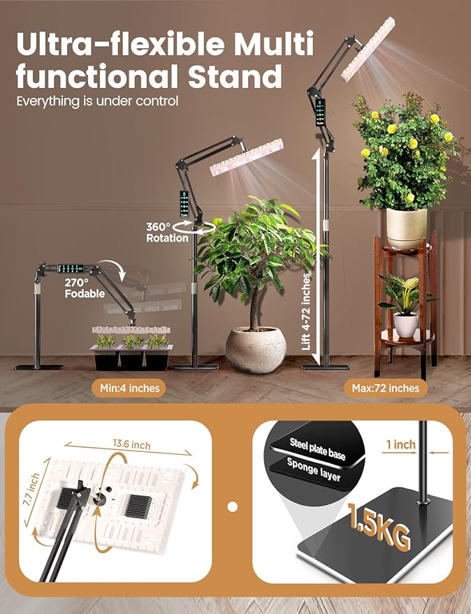 MetryGrow Plant Grow Light, [Smart APP & Expansive 2x2 Ft Coverage] Genuine 60W Output LED Full Spectrum for Indoor Plants, 8-Level Brightness, Supports Hanging & Standing, 270° Folding, 360° Rotation