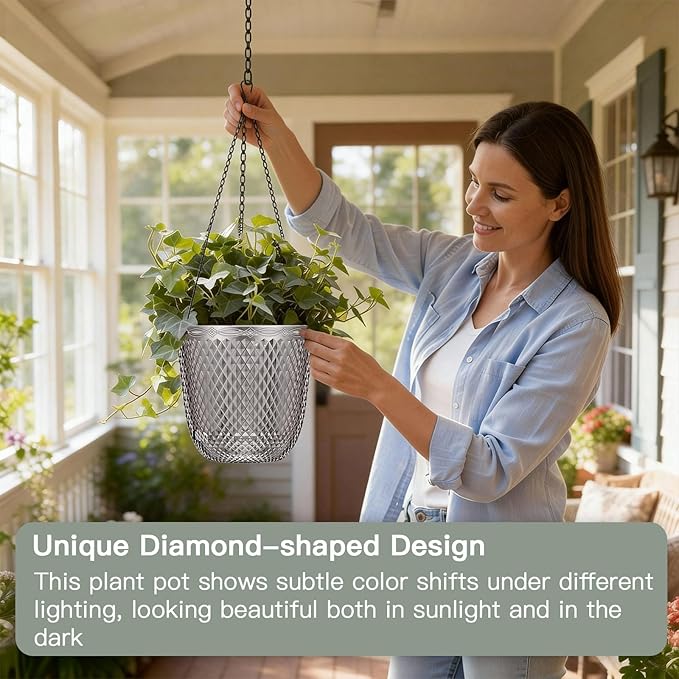 QCQHDU Self Watering Hanging Pots, 2 Pack 7.2 Inch Hanging Planters for Plants Indoor, Flower Pots with Drainage Holes and 3 Hooks Chains for Garden Home (Gray)