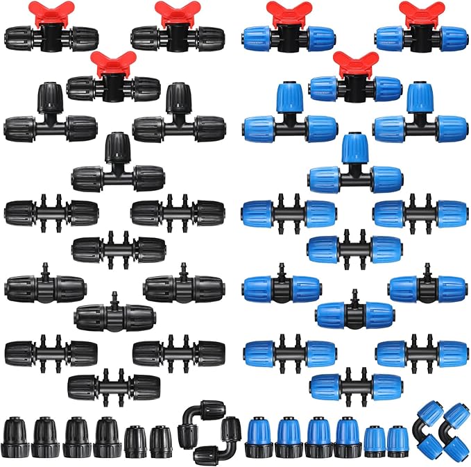 Glooglitter 40 Pcs 1/2" Tubing Irrigation Fittings Kit 1/2 ID x 0.6-0.63 OD 16 mm Drip Irrigation Barbed Connectors Include 6 Switch Valves 18 Barbed Tee 8 Ends 4 Adapters 4 Elbows (Black and Blue)
