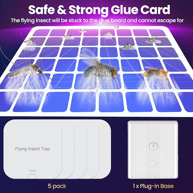 Fruit Fly Traps for Indoors, Plug in Flying Insect Trap with Auto Night Light, Bug Catcher Indoor, Fly Trap Indoor for Fruit Flies, Gnats, Mosquito, Moths (1 Device + 5 Glue Cards)