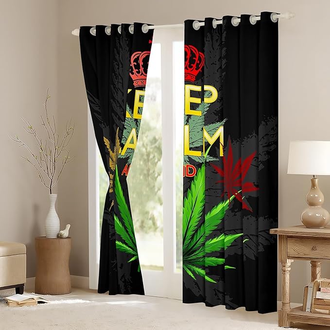 Feelyou Cannabis Leaves Room Darkening Curtain Marijuana Leaf Blackout Curtain for Bedroom for Boys Girls Adults Marijuana Weed Green Leaf Thermal Curtain Hemp Blackout Drapes，52 X 84 Inch，2 Panels
