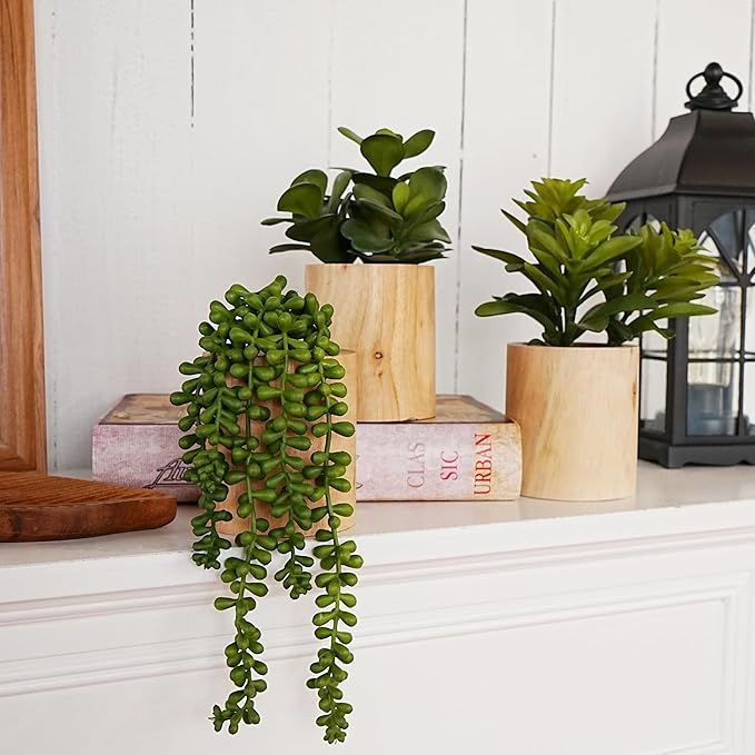 Artificial Succulents with Pots - Set of 3 Small Fake Plants for Aesthetic Room Decor - Realistic Mini Faux Greenery for Office Desk, Bookshelf, and Bathroom - Modern Home Accents