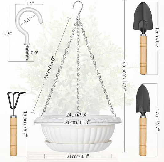 Hanging Planters, 5 Pcs 11" Hanging Pots, White Hanging Flower Pots, Hanging Plant Pots Baskets for Plants with Drainage Trays, Hanging Chains and Ceiling Hooks, Come with Free Garden Tools Set