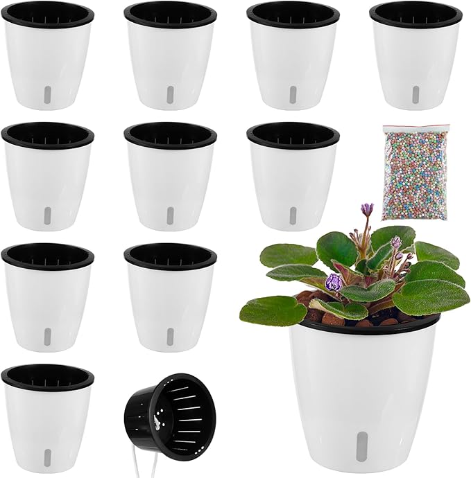 Planterhoma 5 Inch Self Watering Pots for Indoor Plants, 10 Packs African Violet Pots with Indicator, Black Wick Pot with Drainage Holes, Self Watering Planters for Orchid, Devil's Ivy, White