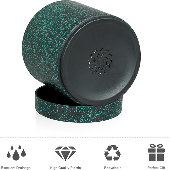 Meowell 6/5/4 inch Plant Pots, 3 Pack Cylinder Flower Pots for Small Indoor Outdoor Plants, Plastic Planters with Drainage Holes and Saucers for Garden Succulent Plants, Black with Green Speckles