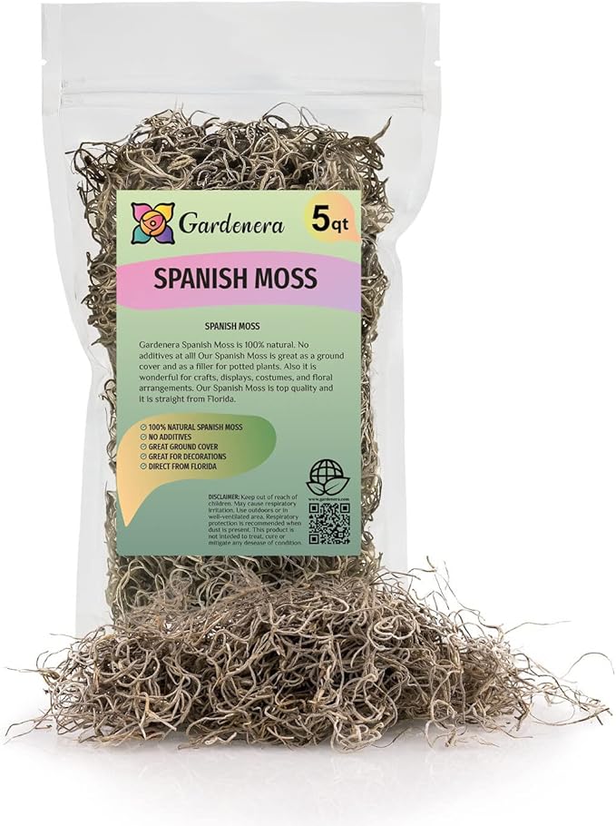 Gardenera Premium Natural Spanish Moss | Natural Preserved - Great Ground Cover - Filler for Potted Plants - 5 Quart Bag