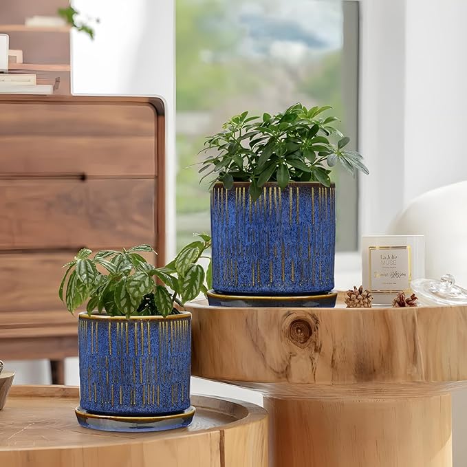 GnFlus Ceramic Plant Pots with Drainage Holes, Set of 2, 4.3+5.1 Inch Stripe Garden Planter Pots for Outdoor Indoor Plants Flower, Round Succulent Orchid Flower Pot Blue