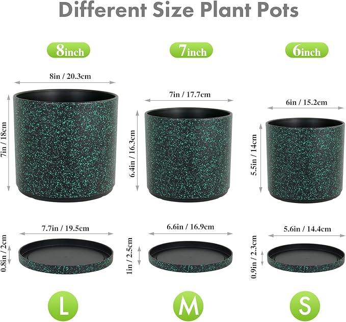 Meowell 8/7/6 inch Plant Pots, 3 Pack Cylindrical Flower Pots for Outdoor Indoor Plants, Decorative Plastic Planters with Drainage Holes and Saucers for Garden House Plants, Black with Green Speckles