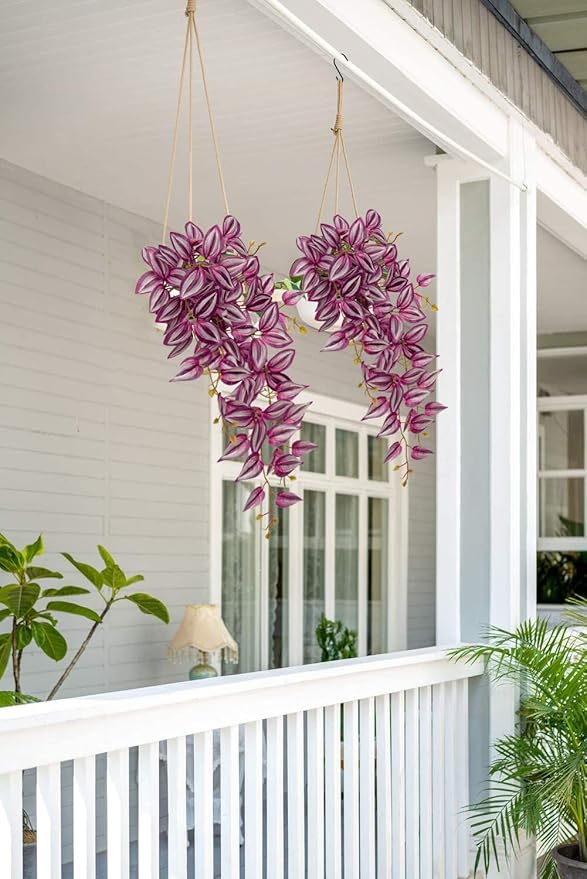 DILATATA Fake Hanging Plants Artificial Hanging Plants 92 Leaves Faux Wandering Jew Hanging Leaves Plants for Wall Shelf Home Indoor Outdoor Decor - 2 Pack