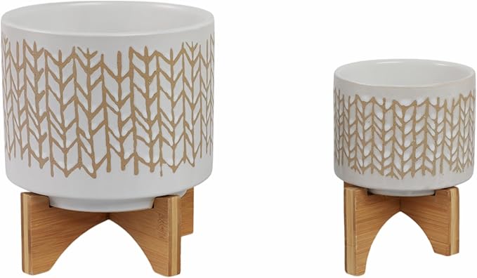 Sagebrook Home Set of 2 Ceramic Planters with Stands - Stoneware Pots with Bamboo Wood Base - Modern Geometric Design for Indoor/Outdoor Plants - Plant Holders for Home & Garden - 11", 7" Ivory & Tan