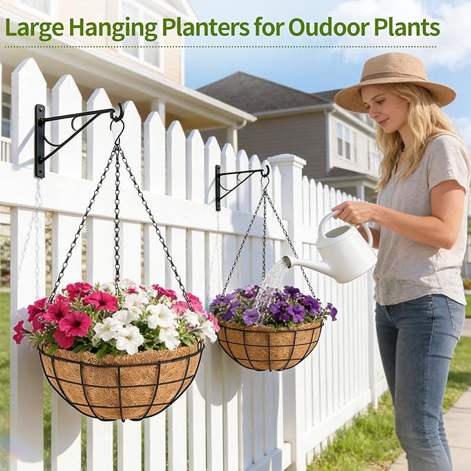 18 Inch Hanging Baskets for Plants Outdoor, 4 Pack Large Hanging Planters for Indoor Outdoor Plants, 4 Pack Round Wire Hanging Flower Pots with Coconut Coir Liners for Garden, Deck, Porch, Balcony