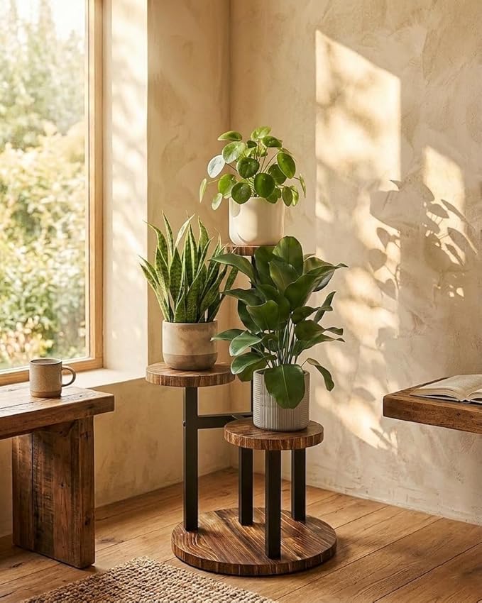 Bamworld Corner Plant Stand Indoor Metal Wood Plant Shelf Outdoor Tall Plant Stands Plant Tables Indoor Plant Rack 3 Tier Plant Stand Garden Accessories for Living Room Balcony Patio