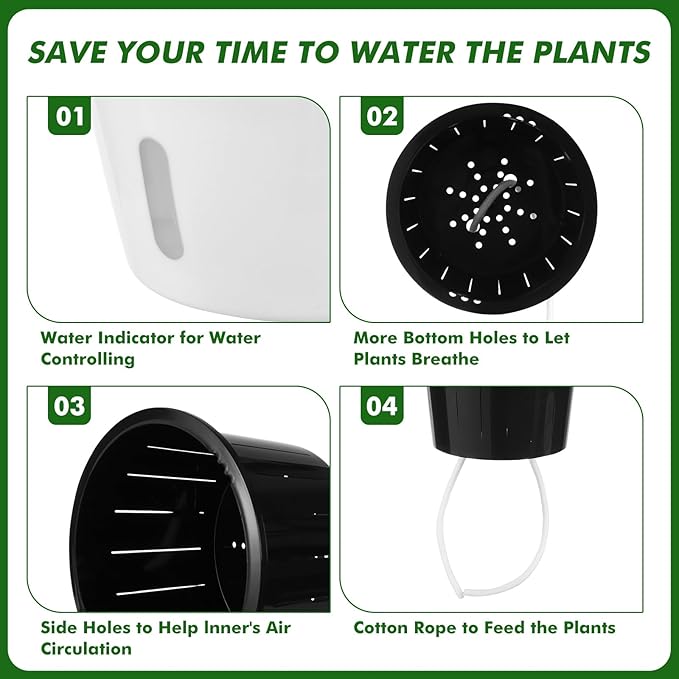 Planterhoma 5 Inch Self Watering Pots for Indoor Plants, 12 Packs Self Watering Planters for Orchid, Spider Plant, Devil's Ivy & African Violet, Water Indicator & Black Wick Pots, White/Black