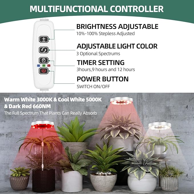 CFGROW Grow Light Full Spectrum Plant Light for Indoor Plants, Height Adjustable Growing Lamp with Auto On/Off Timer 3/9/12H, 10 Dimmable Levels, 3 Light Modes Small Plant Grow Light