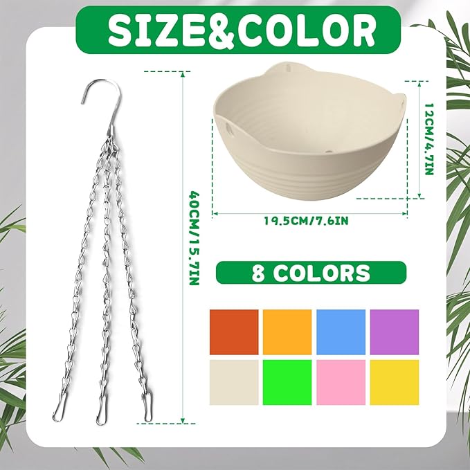 Srmayyi 8 Pack 8 Inch Plastic Self Watering Hanging Planters,Colorful Hanging Basket Planter with Drainer and Metal Chain,Garden Flower Plant Pot Container for Indoor Outdoor Plants,8 Colors