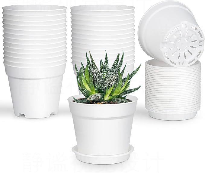 SwinDuck 28 Pack 4 inch Small Plant Pots, Plastic Planters with Drainage Holes and Saucers for Flowers Plants, Succulents, Seed Starting Pots, White
