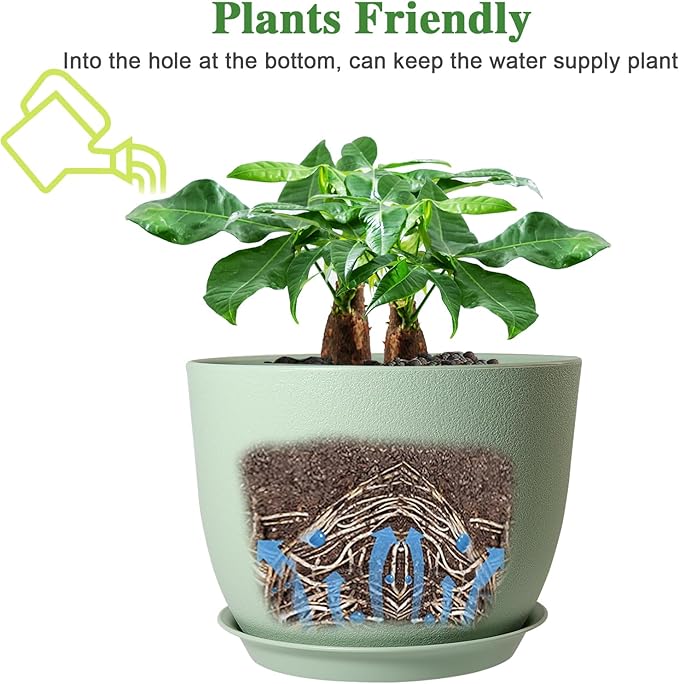 UOUZ 12/10/9 Large Modern Plant Pots, Plastic Planters with Drainage Holes and Saucers for Indoor Outdoor Plants Flowers, Green
