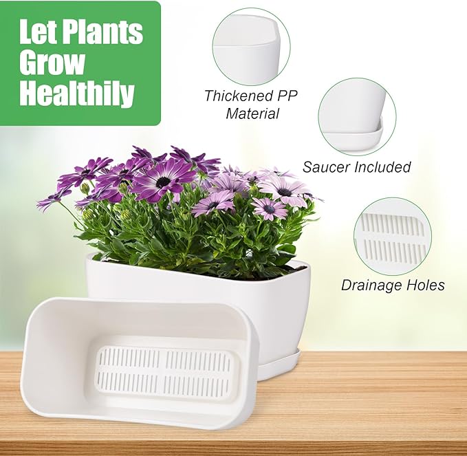 Oliz 6 Set Window Herb Planter Box Rectangular, White Plastic Planters with Multiple Drainage Holes and Trays,Indoor Succulent Cactus Mint Flower Pot for Windowsill, Garden Balcony