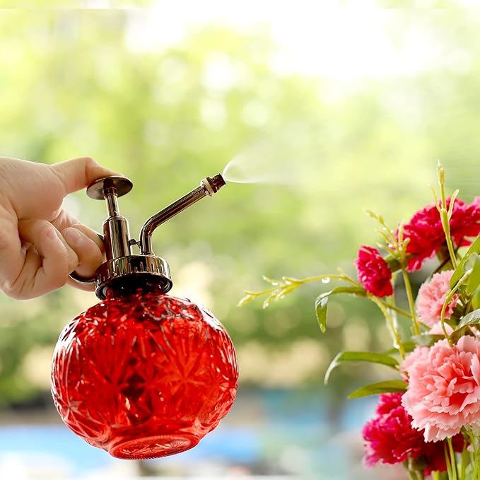Hniuyun Glass Plant Mister Spray Bottle, 6.5inch Tall Vintage Round Spritzer with Bronze Plastic Top Pump for Watering Your Garden (Red)