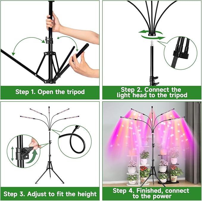 Garpsen LED Grow Light, 5 Head Full Spectrum Plant Light with Gooseneck, 3 Light Modes & 5 Levels Dimmable, 100 LEDs Grow Lamp with 15~63''Adjustable Tripod Stand, for Indoor Plants(2Pack)