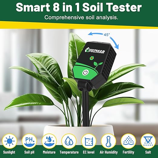 UIUZMAR Soil pH Meter Soil Moisture Meter 8 in 1 Fertility Salt Moisture pH EC Light Humidity Temp Accurate Soil pH Test Kit for Garden and Hydroponics
