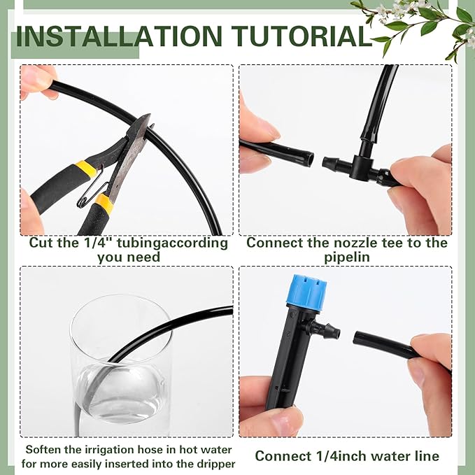 Rossesay 200 Pcs Drip Irrigation Kit for 1/4" Tubing Include 100 Drip Irrigation Emitter Adjustable Fan Shape Drip Irrigation Parts and 100 Barbed Tee Fittings Barbed Connectors for Garden Lawn Patio