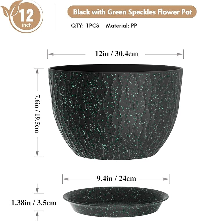 WSMKSZ 12 Inch Wide Water Ripples Flower Pots for Indoor or Outdoor Plants, Large Plant Pots with Drainage Holes & Saucer, Plastic Planters Set for Garden & Home Decor (Black with Green Speckles)