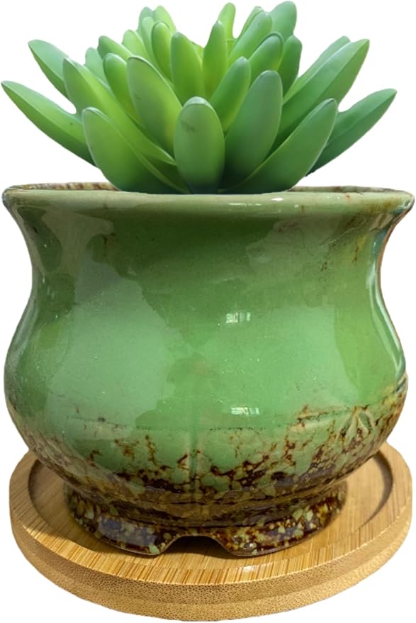 Cute Circular Ceramic Home Garden Decoration Succulent Cactus Flower Pots Container with Bamboo Tray -Plant Not Included (Green, 3.94 Inch)