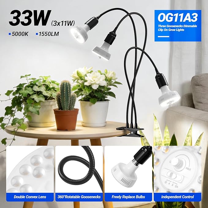 Barrina Orbgrow OG11A3 Clip On Grow Lights for Indoor Plants, Integrated Stepless Dimming & Timing, 5000K 33W(3 x 11W, 300 Watt Equiv), Full Spectrum 3-Gooseneck with E26 Plant Light Bulbs