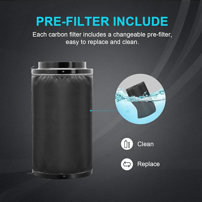 HealSmart 4 Inch Air Carbon Filter 4" Premium Australian Virgin Charcoal Smelliness Control, Fit with Inline Duct Fans, Free Pre-Filter, Reversible Flange and Hook for Grow Tents, and Hydroponics