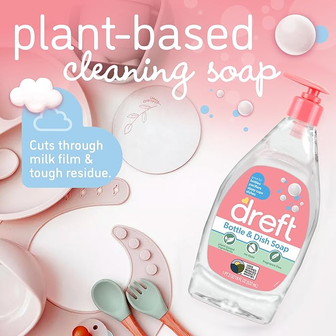 DREFT Bottle and Dish Soap Baby Gift Set - Bonus Travel Size Dreft All Purpose Cleaner & Stain Remover - Made to Clean Baby Essentials - Plant Based Ingredients, Fragrance Free Formula - 4 Piece Set