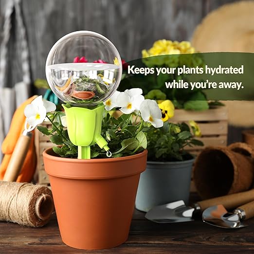 NiHome 2PCS Self-Watering Globes for Indoor & Outdoor Plants, Adjustable Flow Automatic Drip Irrigation Bulbs w/Tulip Stakes for Potted Plants, Succulents, Hanging Baskets, Gardens (Pink + Green)