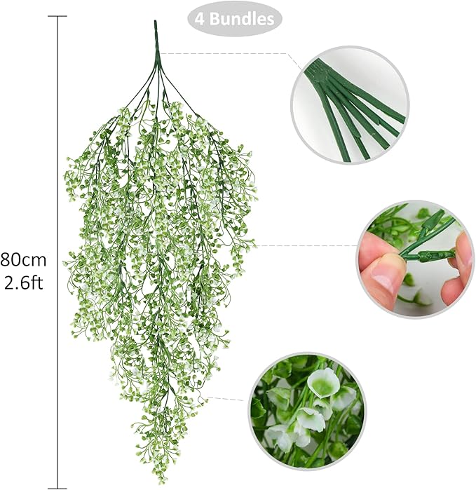 RECUTMS Faux Vines Hanging Flowers Artificial Hanging Plants 4Pcs Fake Hanging Fern Vines Greenery for Spring Indoor Outdoor Garden Party Wedding Patio Wall Valentines Day Decoration(White)