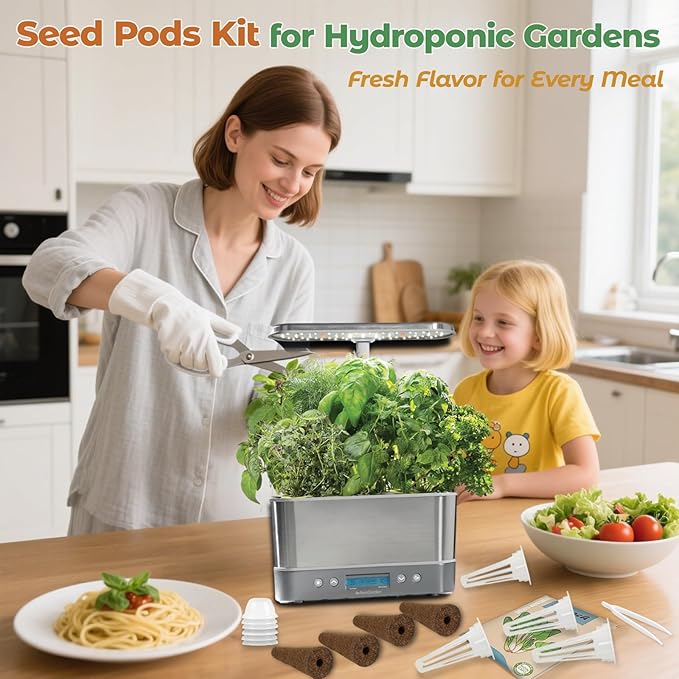 Hydroponic Seed Pod for Aerogarden, Ahopegarden, LETPOT, URUQ - 12 Salad Refill Grow Pods with 6 Packets Seeds of Mini Cucumber, Arugula, Spinach, Cherry Radish & Tomato for All Hydroponic Systems