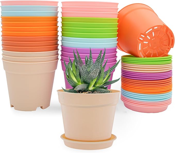 SwinDuck 4 inch Plant Pots, 28 Pack Small Plastic Planters with Drainage Holes and Saucers for Flowers Plants, Succulents, Seed Starting Pots, Colorful