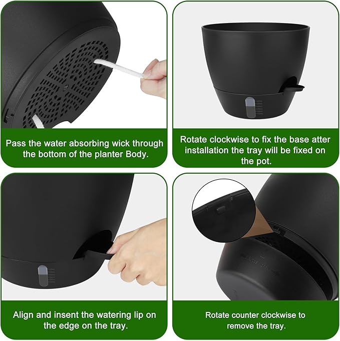 QRRICA Self-Watering Plant Pots with Water Level Indicator, Drainage Holes & Saucers – 12/10/9 Inch Large Plastic Planter Set for Indoor & Outdoor Plants (Pure Black)