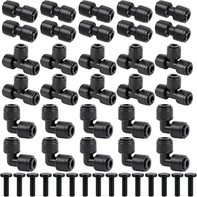 RedChili 45 PCS Quick Connect 1/4" Drip Irrigation Fittings Kit, Universal Drip Line Connectors for 1/4-Inch Drip Tubing Includes Couplings Tees Elbows Plugs Parts for Irrigation System Connection