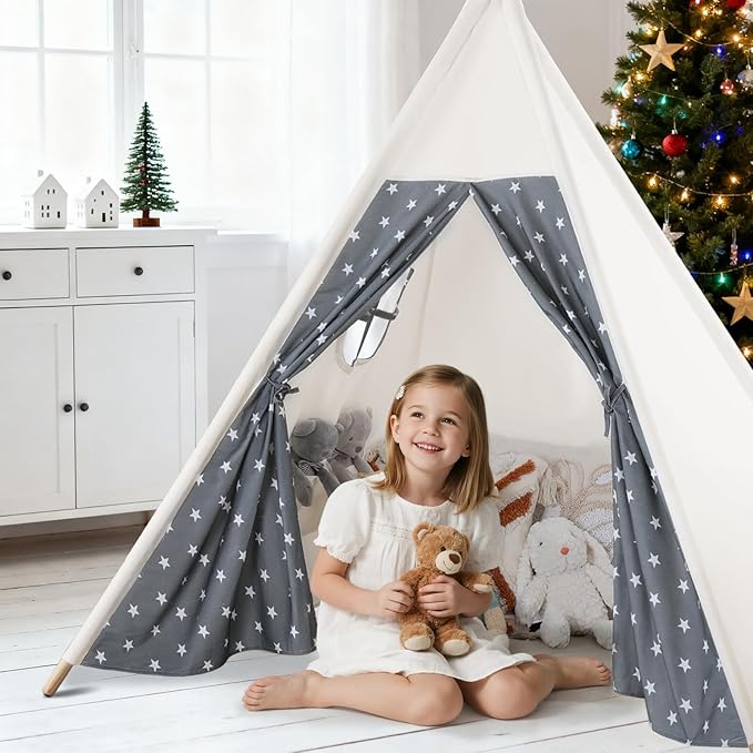 Teepee Tent for Kids Cotton Canvas Play Tent with Mat Slumber Party， Foldable Indoor Tent for Boys & Girls, Gift Set with Star Lights, Banner & Carry Bag, Stars Design