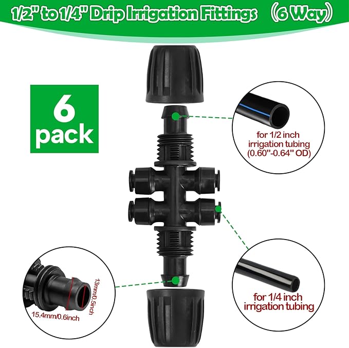 6 Pack 1/2 Inch To 1/4 Drip Irrigation Fittings - Drip Line Irrigation 1/2'' to 1/4'' Barbed Tee Adapter Push-to-Fit Reducer 3 Way Connectors for Drip Irrigation System