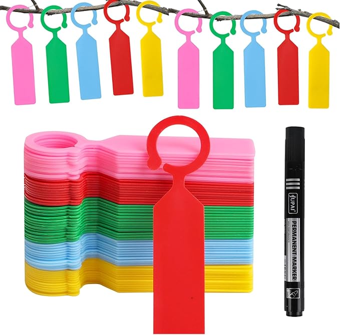 LOKIPA 100PCS Plant Labels, Plastic Plant Tree Tags Waterproof Plant Markers & Labels for Outdoors Plants Greenhouse Accessories (Mixed Color Labels with 1PCS Permanent Marker Pen)