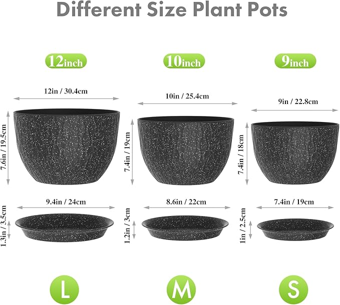 Meowell 12/10/9 inch Large Flower Pots, 3 Set Big Plant Pots for Outdoor Indoor Plants with Water Ripples, Wide Plastic Planters with Drainage Holes and Saucers for Garden House Plants, Speckled Black