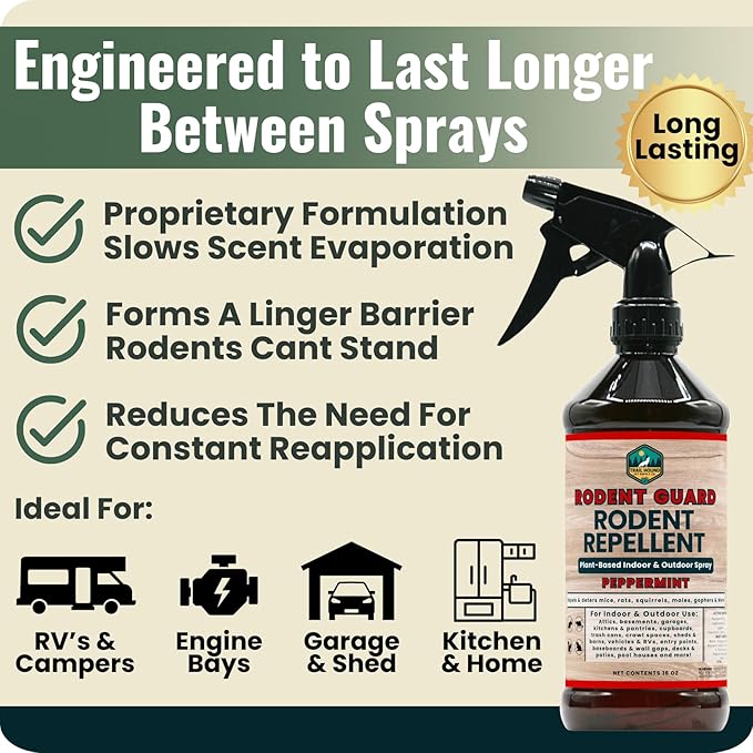 Peppermint Oil Spray for Rodents - Rodent Guard - Natural Peppermint Rodent & Pest Control Spray - Plant-Based Indoor & Outdoor Mouse Spray - Safe Around Pets & Kids - Repels All Mice and Rats 16oz