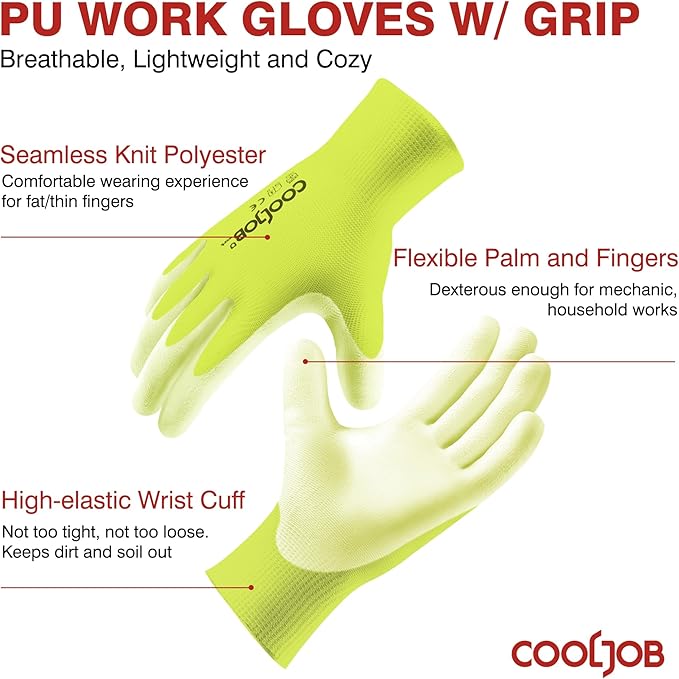 COOLJOB 60 Pairs Safety Work Gloves Pack Bulk with Grip PU Coating, 13 Gauge Seamless Knit Gloves with Polyurethane Dipped for Warehouse Working, Breathable Lightweight for Men Women, Yellow Xlarge